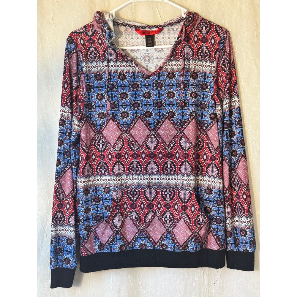 Hot Kiss Hoodie Womens Medium Red Blue Geometric Boho Pullover Sweatshirt